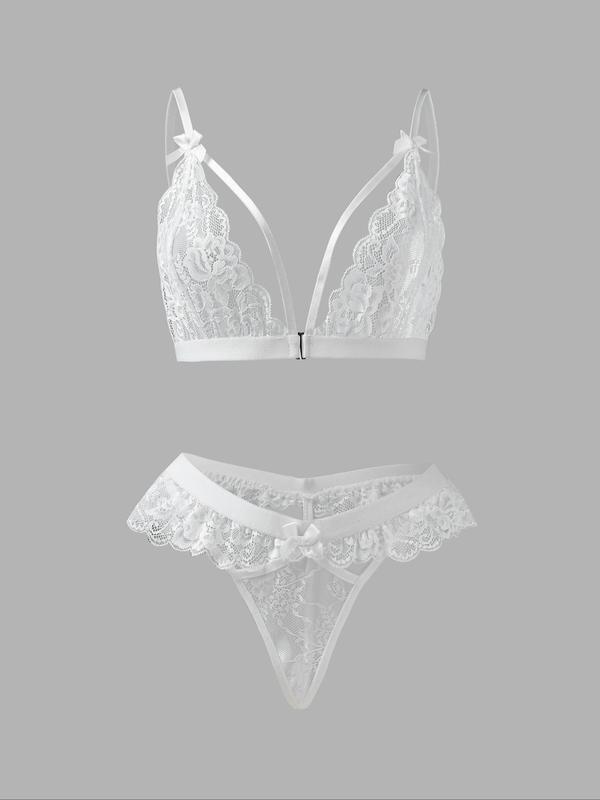 Women's 2pcs Cut Out Floral Lace Wireless Bra & Bow Front Panty Set, Solid Scallop Trim Adjustable Strap Sheer Sexy Lingerie Set, Fashion Underwear Set for Women Daily Wear