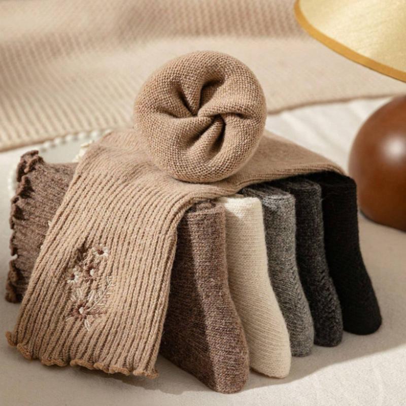 Women's Warm Embroidered Floral Wool Socks - Pack of 3 (Black Dark Grey Khaki) - Underwear, Womenswear