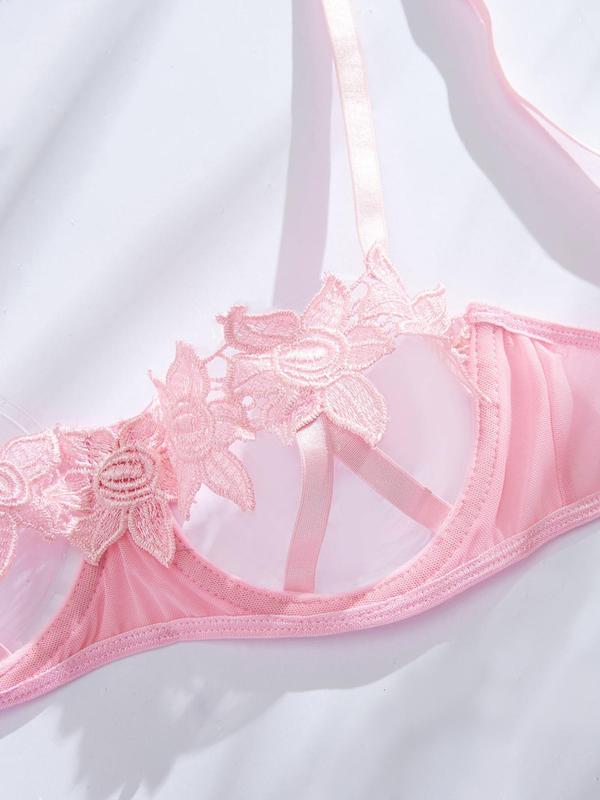 Women's Lace Appliques Cut Out Bra & Thong & Garter Belt & Thigh Ring & Choker Set, Sexy Comfy Breathable Lingerie Set for Daily Wear, Women's Underwear for All Seasons