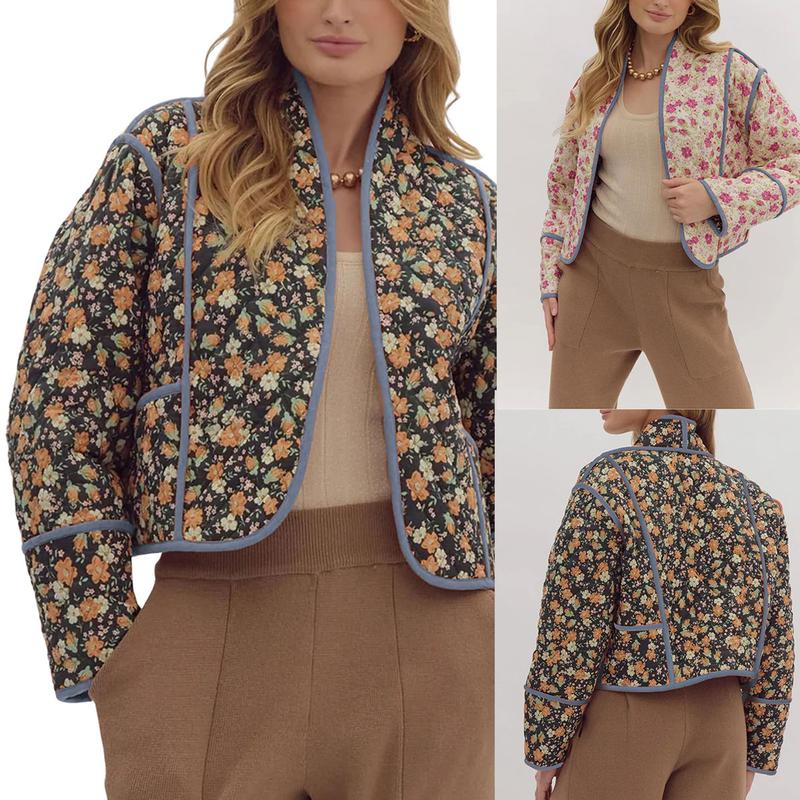 UANEO Women's Cropped Floral Quilted Jacket Cardigan Printed Lightweight Open Front Padded Puffer Coat-New Products