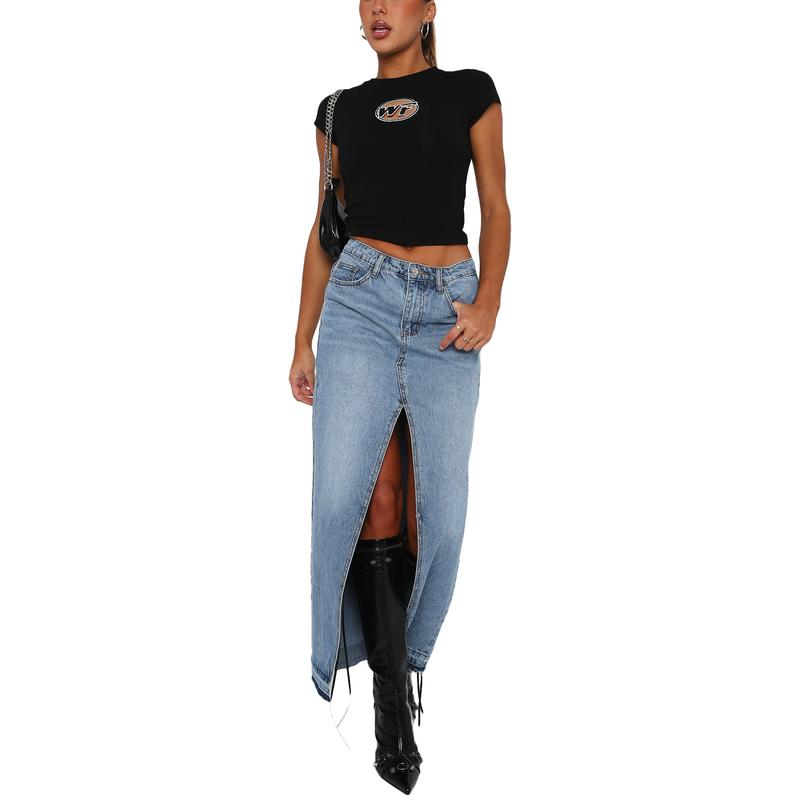 Women's Casual Denim Skirt High Waist Split Front Long Jean Skirts Midi Length A Line Pencil Skirts