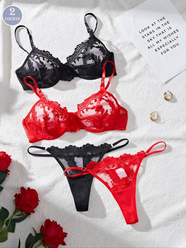 Women's Contrast Lace Floral Embroidery Underwire Bra & Sheer Thong Sexy Lingerie Set, Romantic Comfy Breathable Underwear Set for Daily Wear, Women's Lingerie & Underwear for All Seasons