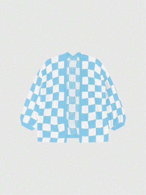Women's Checkerboard Print Drop Shoulder Cardigan, Cardigans for Women, Casual Long Sleeve Open Front Knitwear for Fall,  Women's Sweaters, Women's Knit Clothing for Daily Wear