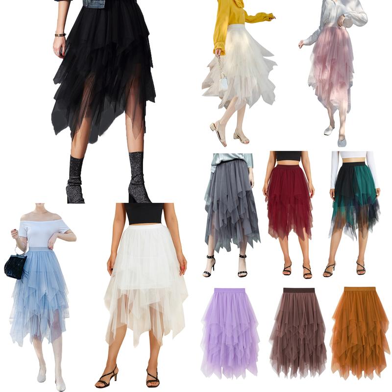 Women Tulle Skirt High Waist Tiered Layered Mesh Ballet Prom Party Tulle Tutu A-line Midi Skirt