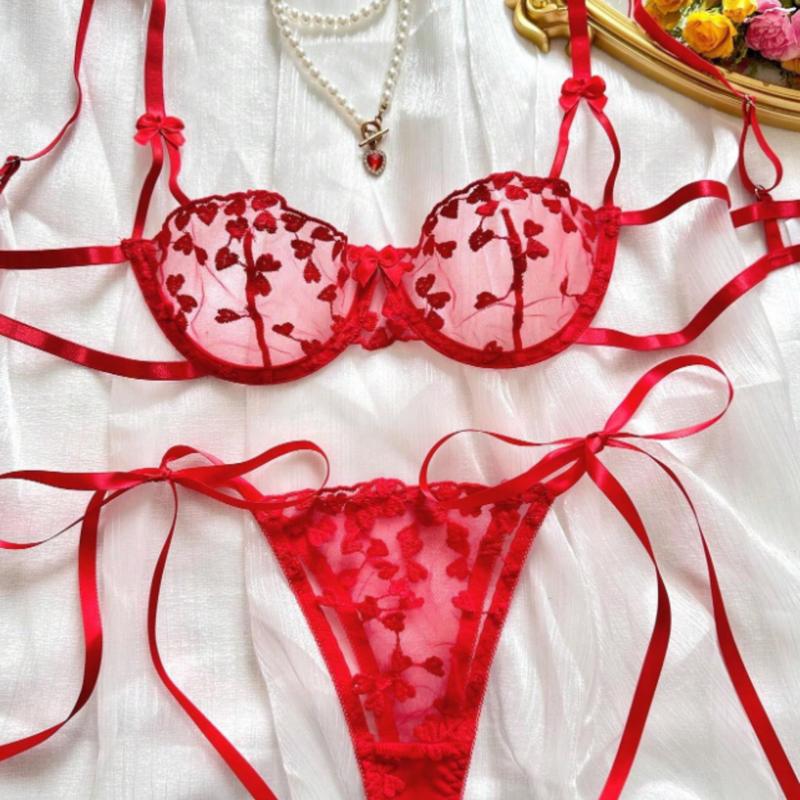 Sexy Lingerie Women Heart Embroidery 2pcs Set Bra + Triangle Panties