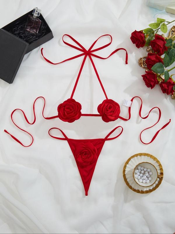 Women's Rose Decor Sexy Lingerie Two-piece Set, Solid Color Tie Back Bra & Thong Set, Soft Comfy Breathable Lingerie Set for Women