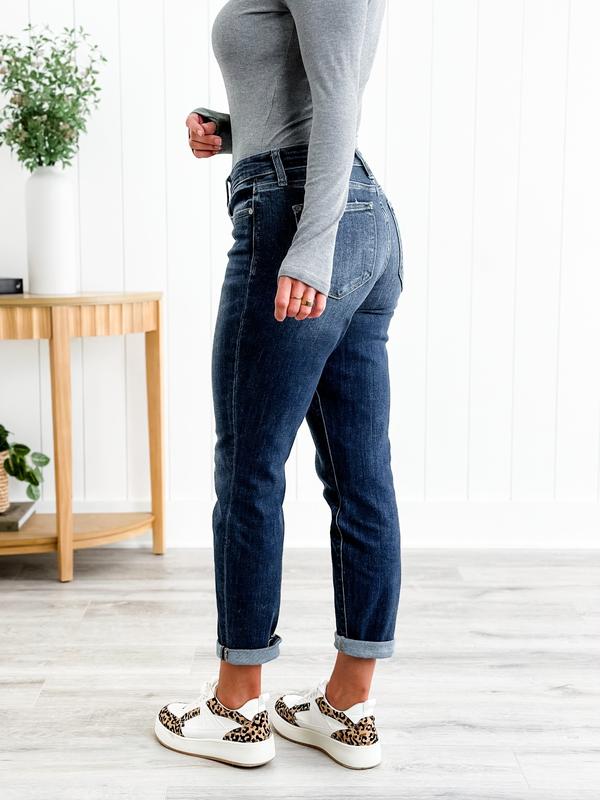Judy Blue My Favorite Boyfriend Mid Rise Dark Wash Non Distressed Cuffed Boyfriend Jeans