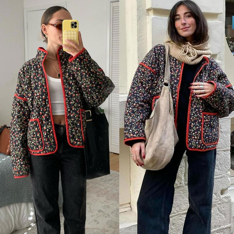 UANEO Women's Cropped Floral Quilted Jacket Cardigan Printed Lightweight Open Front Padded Puffer Coat-New Products