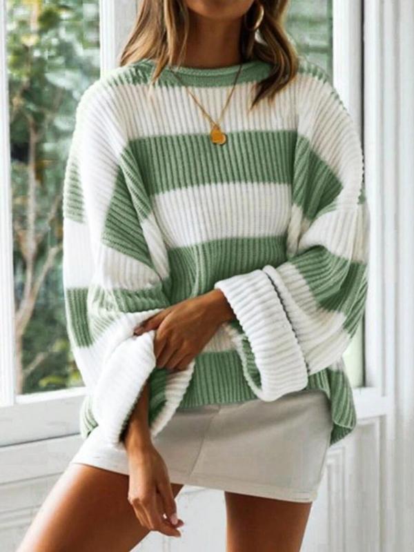  Colorblock Striped Print Drop Shoulder Sweater, Casual Long Sleeve Round Neck Jumper for Fall & Winter, Women's Clothing for Daily Wear