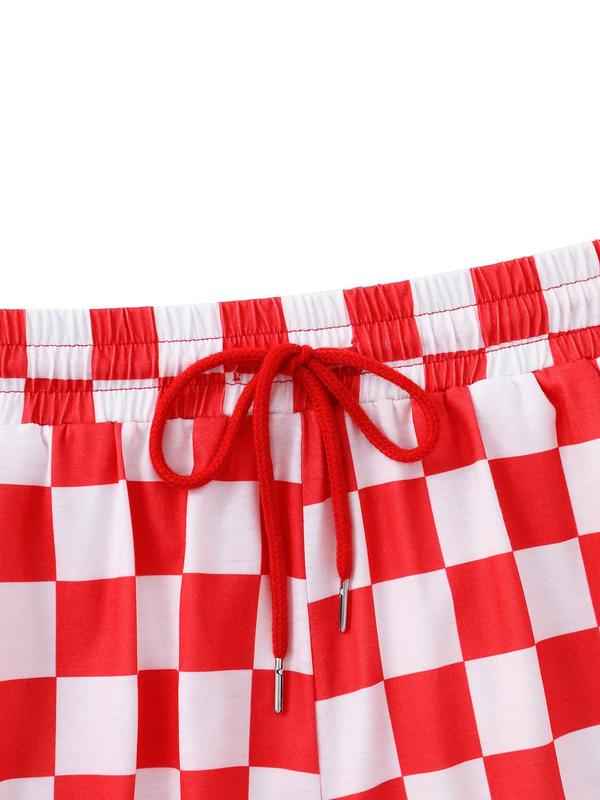 Women's Checkerboard Print Drawstring Waist Shorts, Lady Casual Comfort Pocket Shorts for Summer, Shorts for Women, Back To School Comfy Shorts, Women's Bottoms for Daily Wear, Womenswear