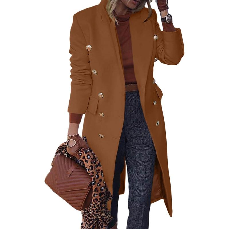 Fisoew Women's Elegant Notched Collar Double Button Slim Long Wool Blend Pea Coat Jacket