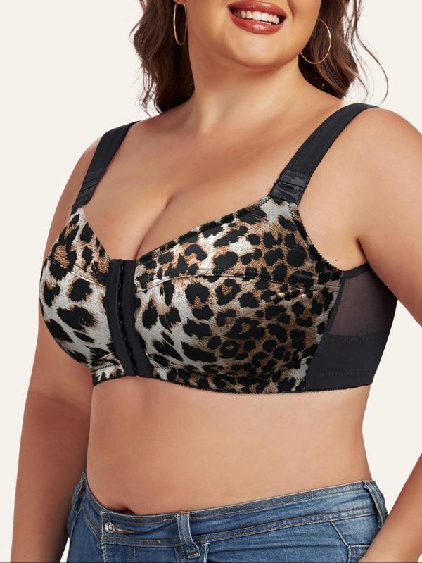  Women's Leopard Print Contrast Mesh Wireless Adjustable Front Closure Everyday Bra,  Bras for Women Casual Comfortable Adjustable Clasp Shoulder Straps Full Cup Balconette Bra, Women's Lingerie for All Seasons