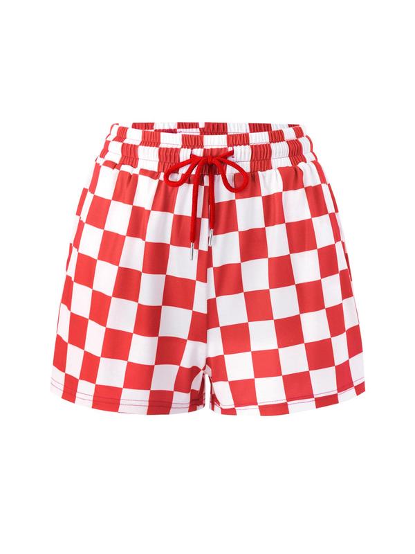 Women's Checkerboard Print Drawstring Waist Shorts, Lady Casual Comfort Pocket Shorts for Summer, Shorts for Women, Back To School Comfy Shorts, Women's Bottoms for Daily Wear, Womenswear