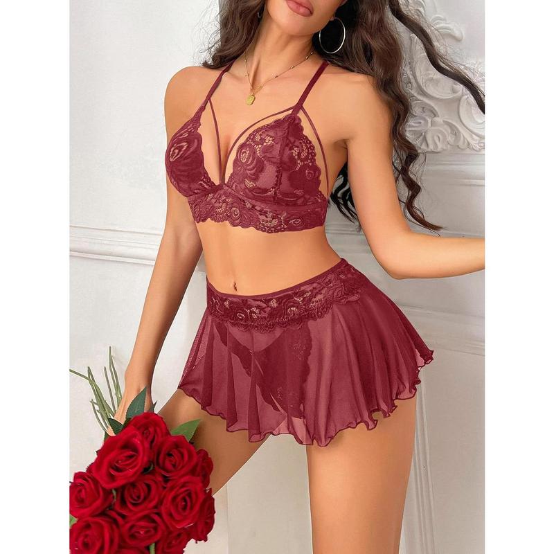 Women's sexy lingerie 3 piece set lace bra, mini skirt, thong open crotch underwear set