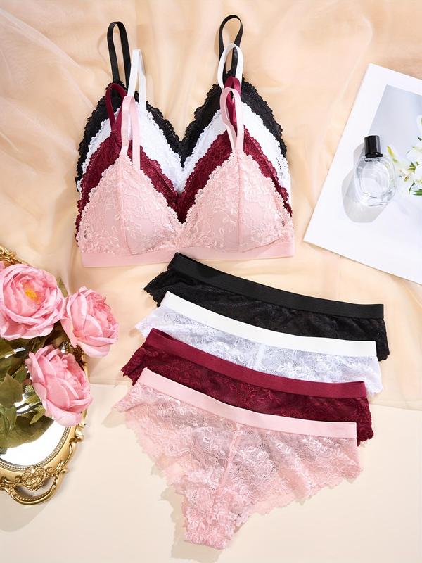 Women's 4 Set Contrast Floral Lace Wireless Bra & Panty Lingerie Set, Casual Comfy Breathable Adjustable Strap Bralette & Knicker, Ladies Underwear Set for Daily Wear