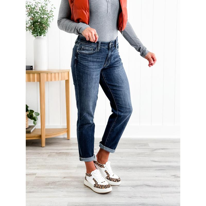 Judy Blue My Favorite Boyfriend Mid Rise Dark Wash Non Distressed Cuffed Boyfriend Jeans