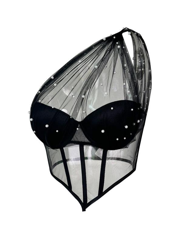 Women's Faux Pearls Decor Sheer Hook Eye Design Lingerie Top, Asymmetrical Neck Contrast Mesh Lingerie Bra, Fashion Comfy Breathable Underwear for All Seasons
