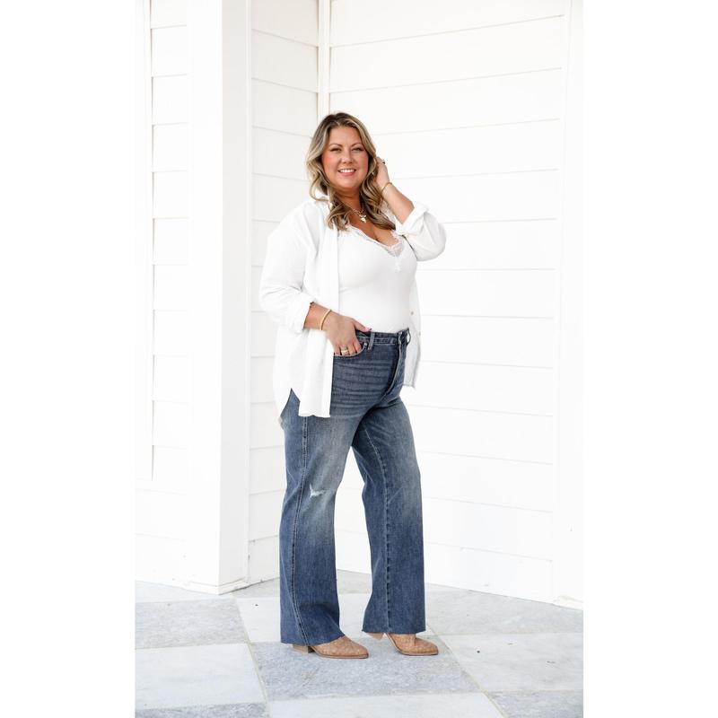 Judy Blue Straighten Up High Rise Medium Wash Tummy Control Raw Hem Straight Leg Jeans