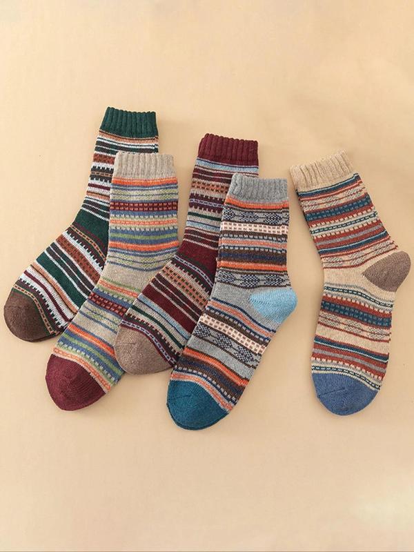 Women's Multicolor Colorblock Striped Print Crew Socks, Breathable Mid Calf Socks for Women, Multipack Mid Calf Knit Socks, Women's Socks & Hosiery