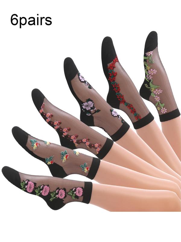 Women's Floral Embroidery Contrast Mesh Sheer Crew Socks, Casual Comfortable Breathable Socks for Daily Wear, Ladies Socks for All Seasons