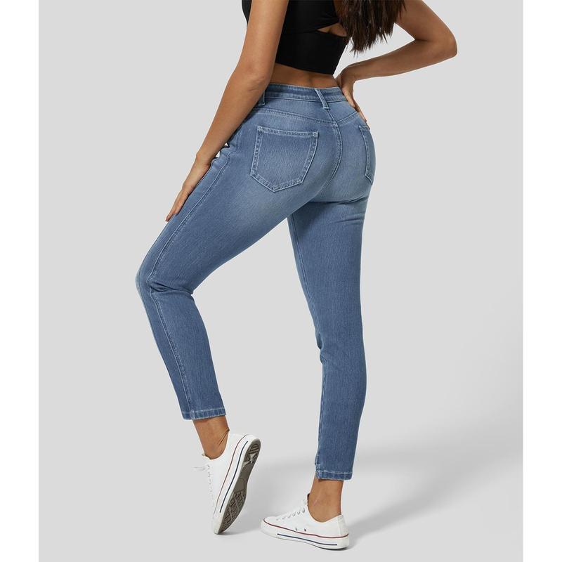 HalaraMagic Mid Rise Button Zipper Multiple Pockets Stretchy Knit Casual Skinny Jeans