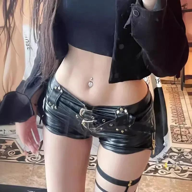 Vintage Nightclub Sexy Low Waist Pu Leather Belt Ultra Bottom Shorts Women's Fashionable Versatile Female  Dressing Shorts Womenswear