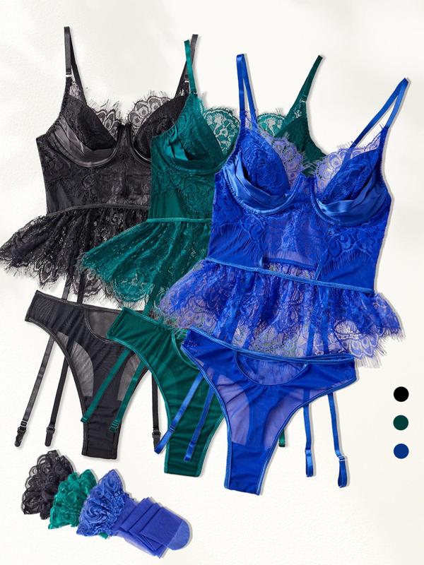 Women's Contrast Lace Sheer Lingerie Set, Sexy Comfy Breathable Bra & Thong & Stocking Set for Daily Wear, Lingerie Set for Women