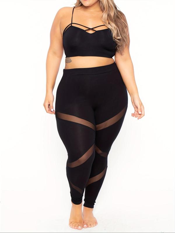  Contrast Mesh High Waist Skinny Pants, Casual Comfy Tight High Rise Leggings for Daily Wear, Women's Bottoms for Summer Spring Fall