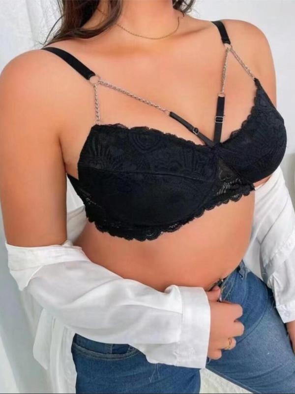 Women's Chain Linked Floral Lace Sexy Costume, Soft Comfortable Plus Size Adjustable Spaghetti Strap Bra , Fashion Underwear for All Seasons