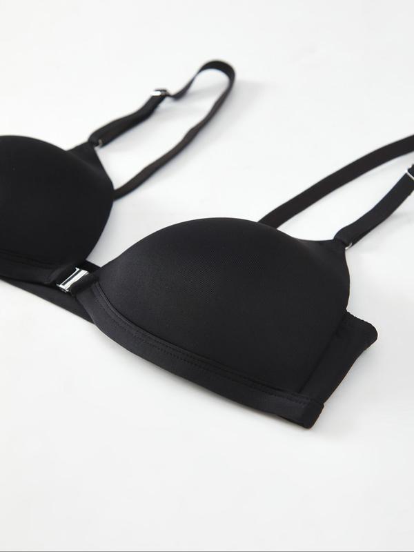 Women's Solid Buckle Front Adjustable Strap Push Up Bra, Soft Comfortable Breathable Lingerie Top for Daily Wear, Underwear for All Seasons