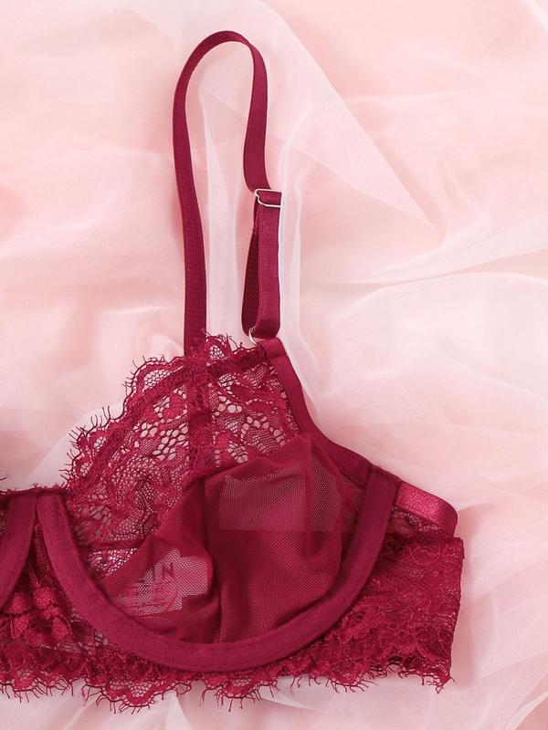 Women's 2pcs Contrast Lace Sheer Underwire Bra & Thong Set, Sexy Adjustable Strap Bra & High Waist Panty, Women's Lingerie & Underwear Set for All Seasons, Fashion & Creative Design Womenswear