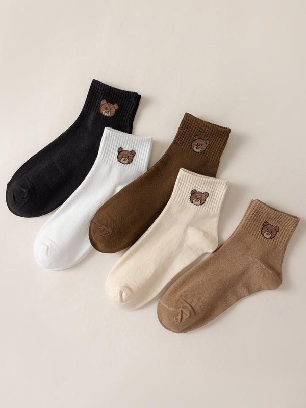 Women's 5 Pairs Basic Cute Cartoon Bear Print Crew Socks, Casual Comfortable Breathable Socks For Daily Wear, Minimalist Women's Socks For All Seasons, Simple Womenswear