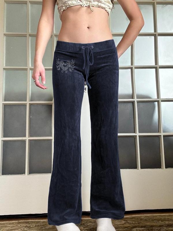 Women's Heart Rhinestone Decor Drawstring Waist Velvet Flare Leg Pants, Casual Comfy Bell Bottom Trousers for Daily Wear, Ladies Bottoms for Fall & Winter