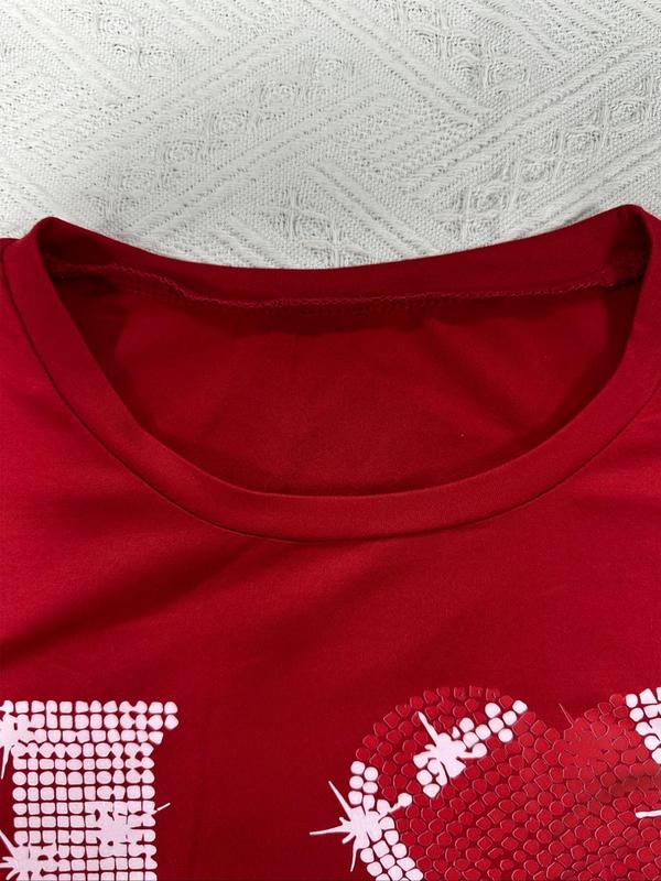 Women's Heart & Letter Print Round Neck Tee, Graphic Tees, Casual Short Sleeve Graphic T-shirt, T Shirts for Women, Ladies All Seasons Outfit for Daily Wear