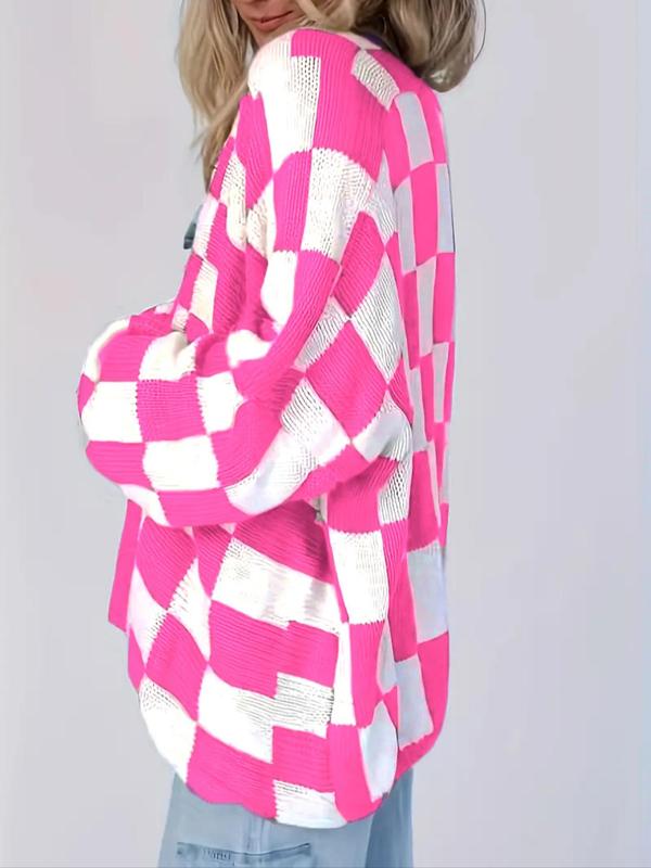 Women's Plaid Print Open Front Cardigan, Casual Drop Shoulder Long Sleeve Cardigan for Spring & Fall, Fashion Women's Knit Clothing for Daily Wear