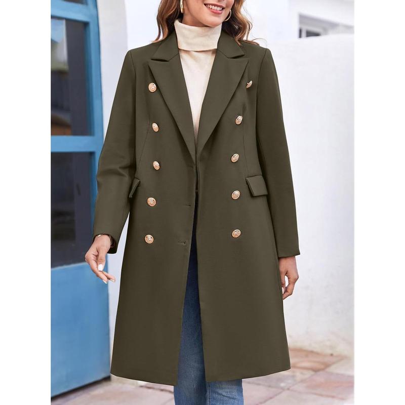 Fisoew Women's Elegant Notched Collar Double Button Slim Long Wool Blend Pea Coat Jacket