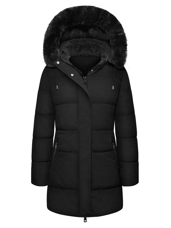 Women's Solid Color Zip Up Drawstring Fuzzy Trim Hooded Quilted Winter Coat, Casual Pocket Button Front Long Sleeve Outerwear for Fall & Winter, Ladies Clothes for Daily Wear
