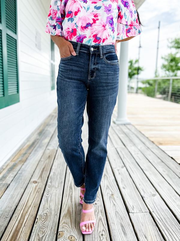 Judy Blue My Favorite Boyfriend Mid Rise Dark Wash Non Distressed Cuffed Boyfriend Jeans