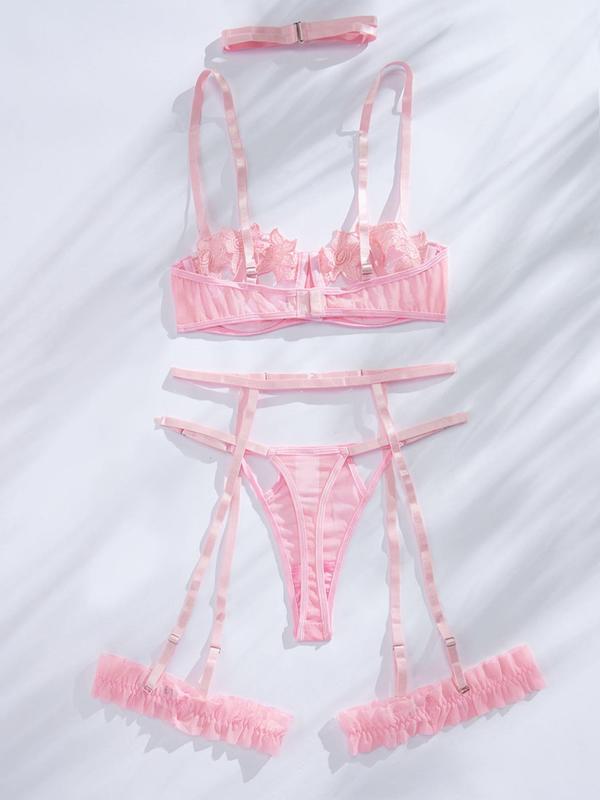 Women's Lace Appliques Cut Out Bra & Thong & Garter Belt & Thigh Ring & Choker Set, Sexy Comfy Breathable Lingerie Set for Daily Wear, Women's Underwear for All Seasons