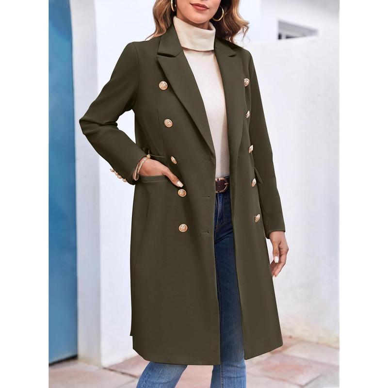 Fisoew Women's Elegant Notched Collar Double Button Slim Long Wool Blend Pea Coat Jacket