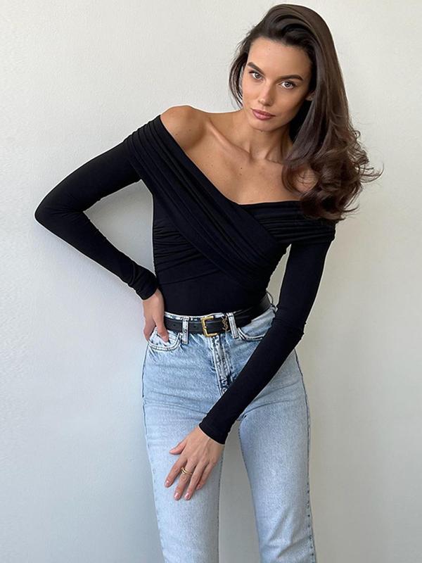 Women's Solid Off Shoulder Cross Wrap Bodysuit, Fashion Casual Long Sleeve Skinny Bodysuit for Daily Outdoor Wear, Women's Clothing for Fall