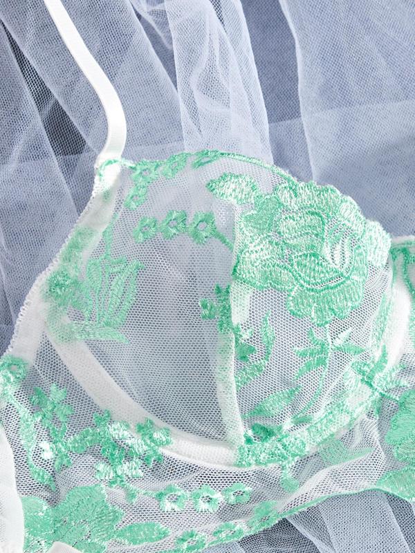 Women's Delicate Floral Embroidery Sheer Bra & Thong Set, Comfy Breathable Lingerie Set for Daily Wear, Women's Underwear Set for All Seasons