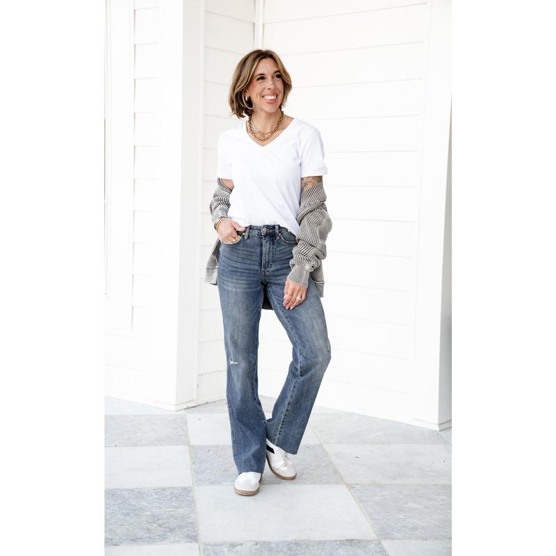 Judy Blue Straighten Up High Rise Medium Wash Tummy Control Raw Hem Straight Leg Jeans
