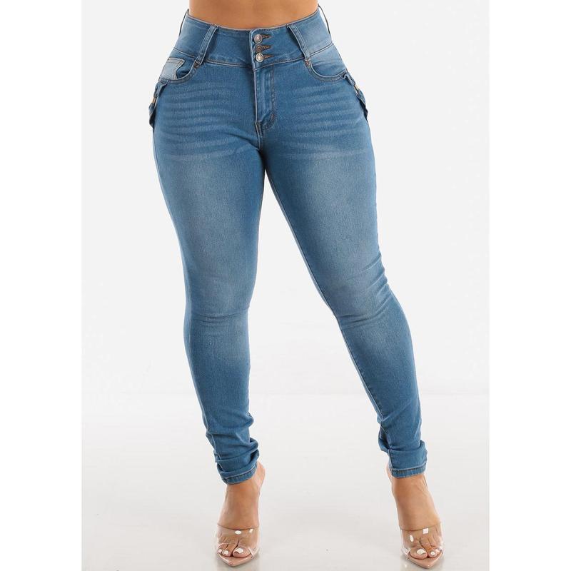 Levantacola High Waisted Skinny Jeans Med Blue w Bow Design