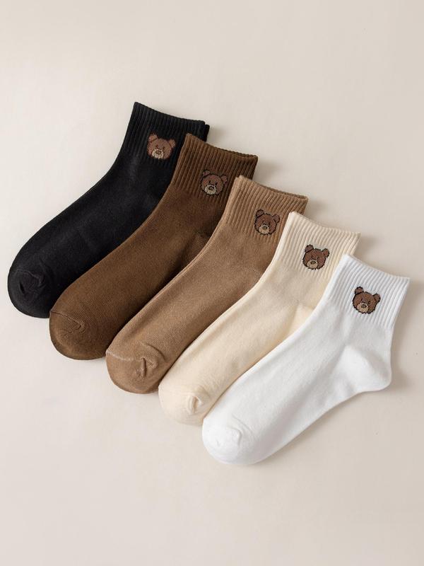 Women's 5 Pairs Basic Cute Cartoon Bear Print Crew Socks, Casual Comfortable Breathable Socks For Daily Wear, Minimalist Women's Socks For All Seasons, Simple Womenswear