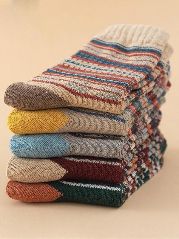 Women's Multicolor Colorblock Striped Print Crew Socks, Breathable Mid Calf Socks for Women, Multipack Mid Calf Knit Socks, Women's Socks & Hosiery
