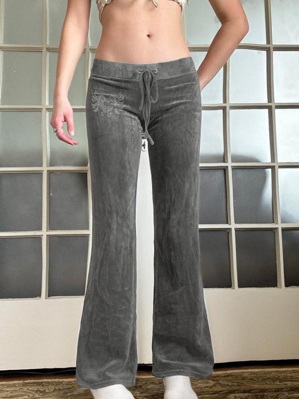 Women's Heart Rhinestone Decor Drawstring Waist Velvet Flare Leg Pants, Casual Comfy Bell Bottom Trousers for Daily Wear, Ladies Bottoms for Fall & Winter