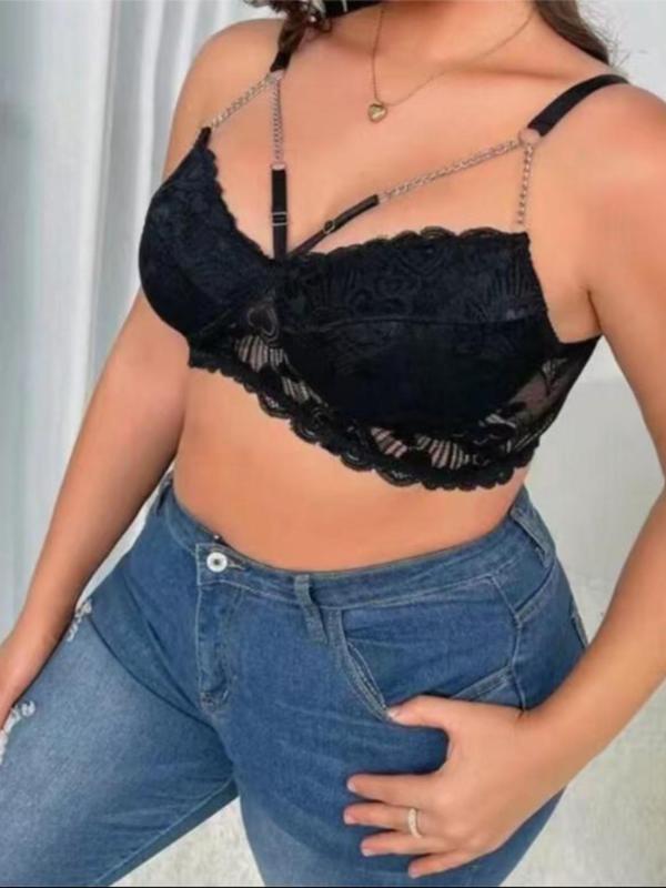 Women's Chain Linked Floral Lace Sexy Costume, Soft Comfortable Plus Size Adjustable Spaghetti Strap Bra , Fashion Underwear for All Seasons