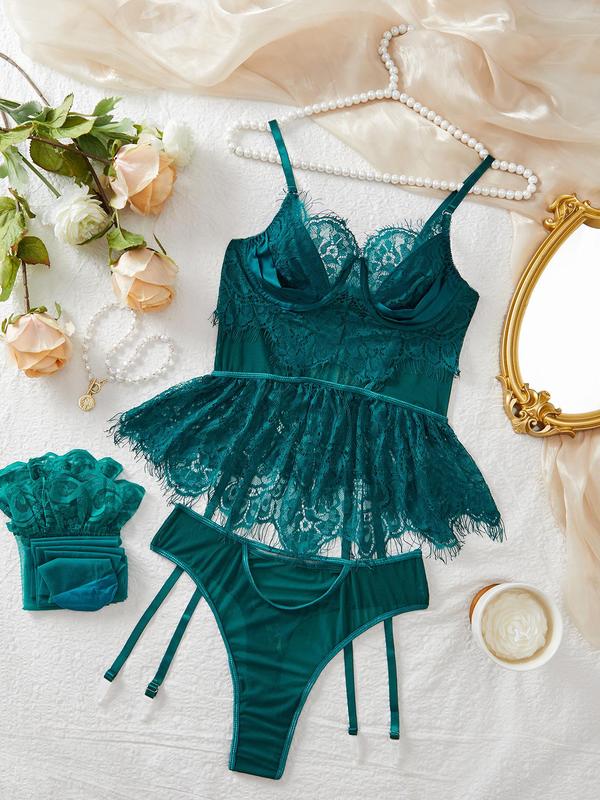 Women's Contrast Lace Sheer Lingerie Set, Sexy Comfy Breathable Bra & Thong & Stocking Set for Daily Wear, Lingerie Set for Women