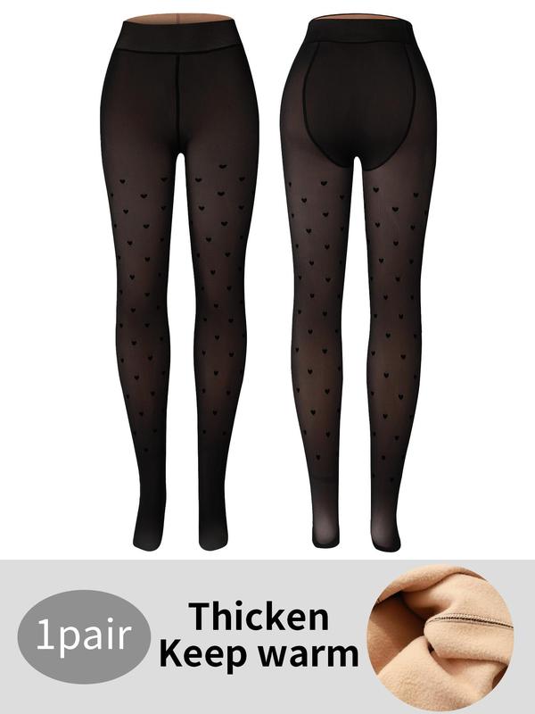 Women's Polka Dot Heart Skull Print Thermal Lined Tights, Casual Comfy High Waist Pantyhose for Daily Wear, Ladies Tights for Fall & Winter